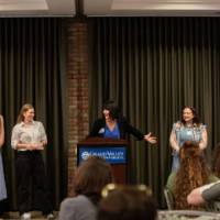 GVSU President showcases teachers at front of room at the GVSU Education Alumni Network teacher and mentor appreciation night